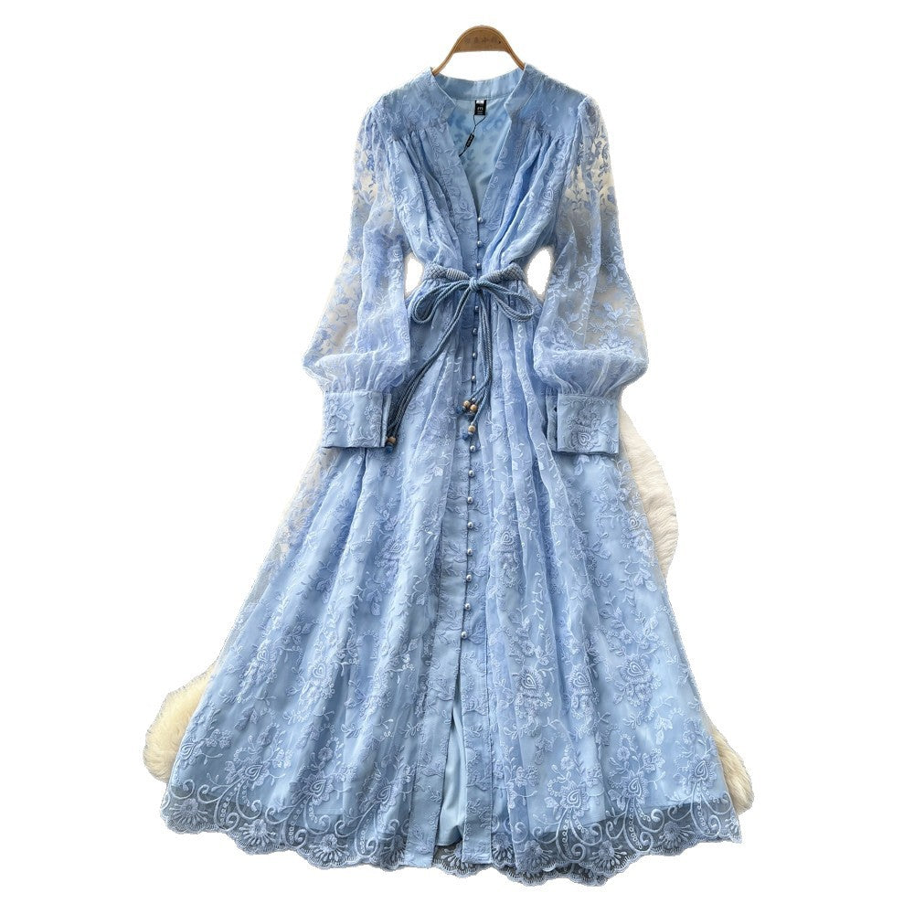 French court style v-neck lace embroidered dress - women's summer long sleeve, slimming a-line maxi dress, elegant and chic