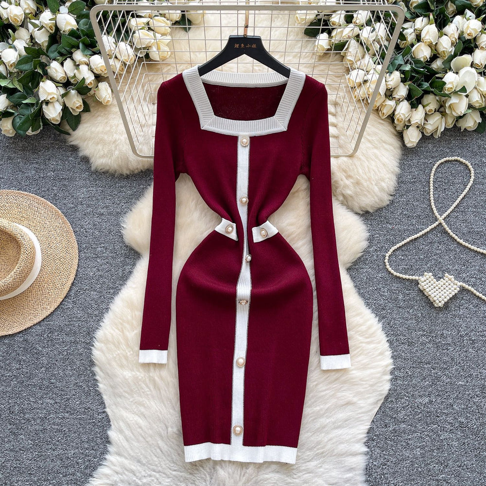 Frenchclassy small fragrant fashionablecontrast color square collar pearl button silmdress women's waist bag hip knitting skirt