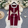 Frenchclassy small fragrant fashionablecontrast color square collar pearl button silmdress women's waist bag hip knitting skirt