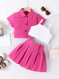 Girls' fashion collared neon outfit - 3-piece set: cami top + collared blouse + skirt set