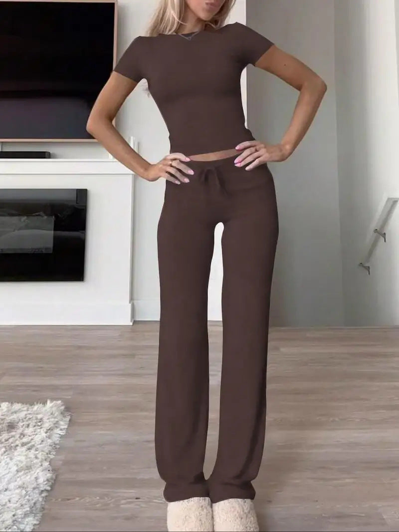 2025 amazon fashion cross-border new casual suit short sleeve tops pants home clothes sportswear yoga clothes