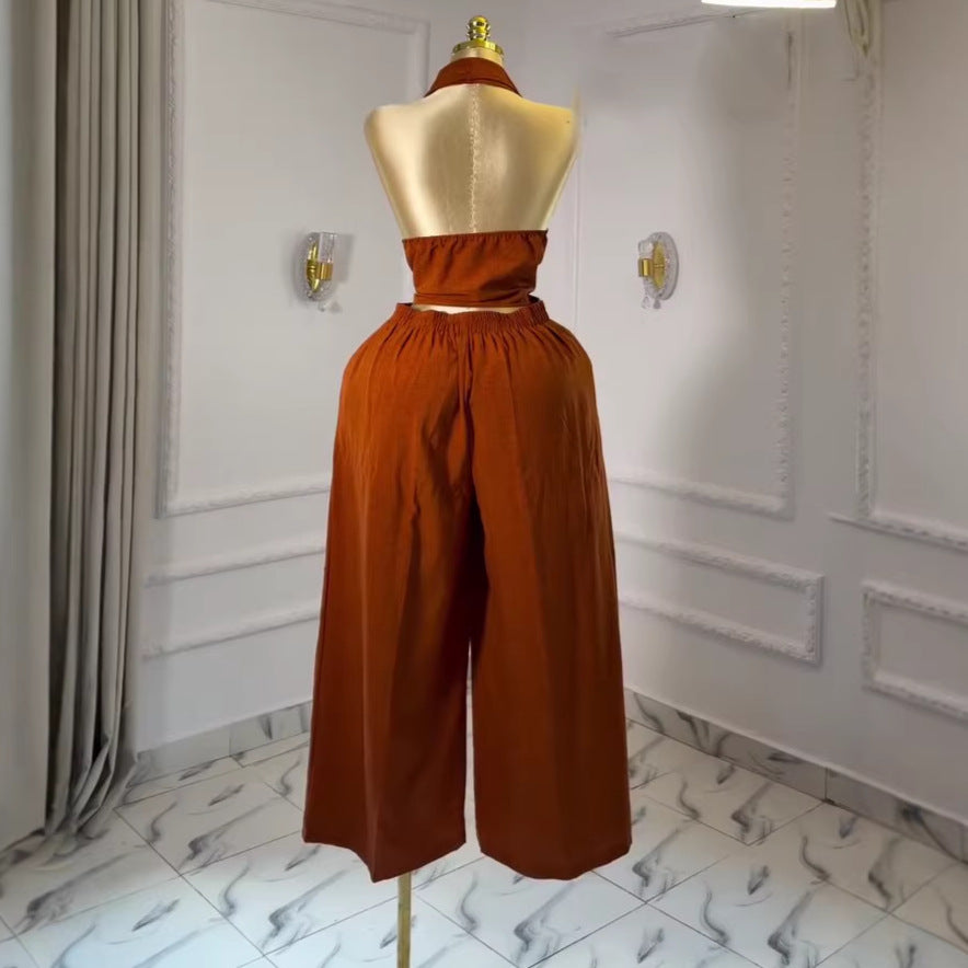 European and american cross-border women's fashion  summer new arrival: elegant and high-end halter neck sleeveless top and wide-leg pants set