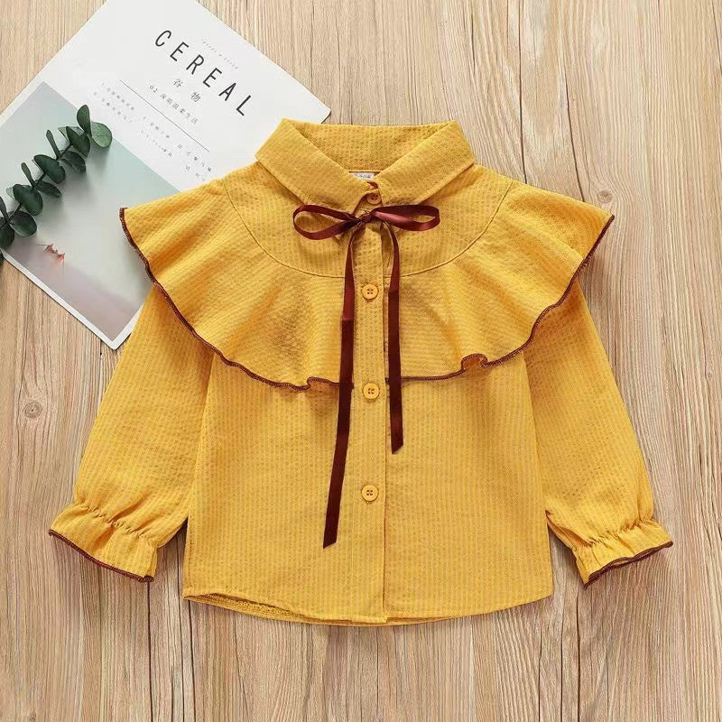 Girl shirtfleece-lined stylenew arrivalk-stylestripes lapel shirtruffles children's spring & fallcardigantops