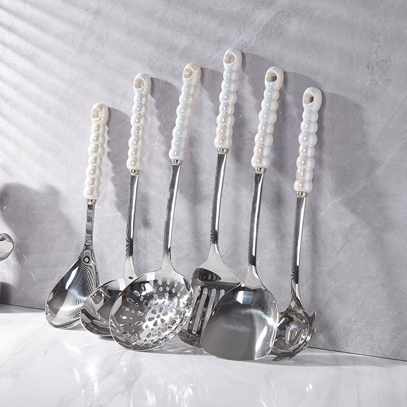 Luxury-style ceramic handle stainless steel cookware set - 7 piece set with elegant pearl design spatula and ladle - wholesale for home use