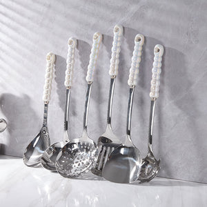 Premium lightweight luxury ceramic handle stainless steel cookware set - 7 piece set with elegant pearl design spatula and ladle for home use