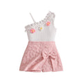 spring/summer new arrival: cross-border girls' fashion one-shoulder camisole top with sweet jacquard bow skirt pants set