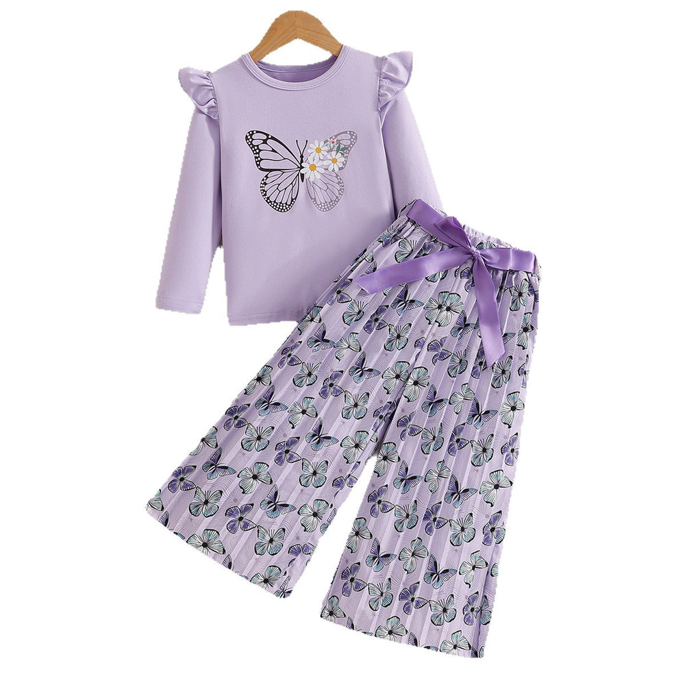 girls' autumn outfit: purple long-sleeve top with butterfly print and belted pleated pants - two-piece set for kids