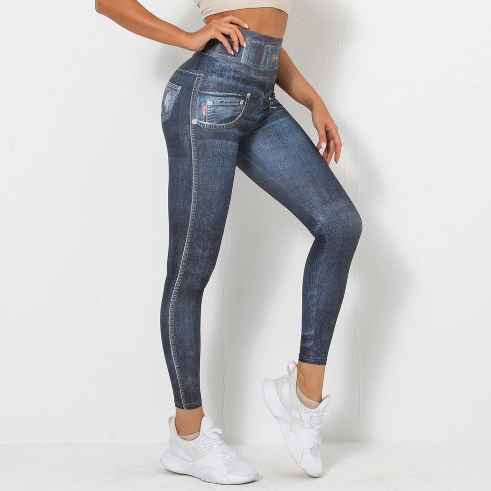 Clearance sale: faux denim print slim-fit workout leggings - high waist, butt-lifting, perfect for running, fitness, and yoga
