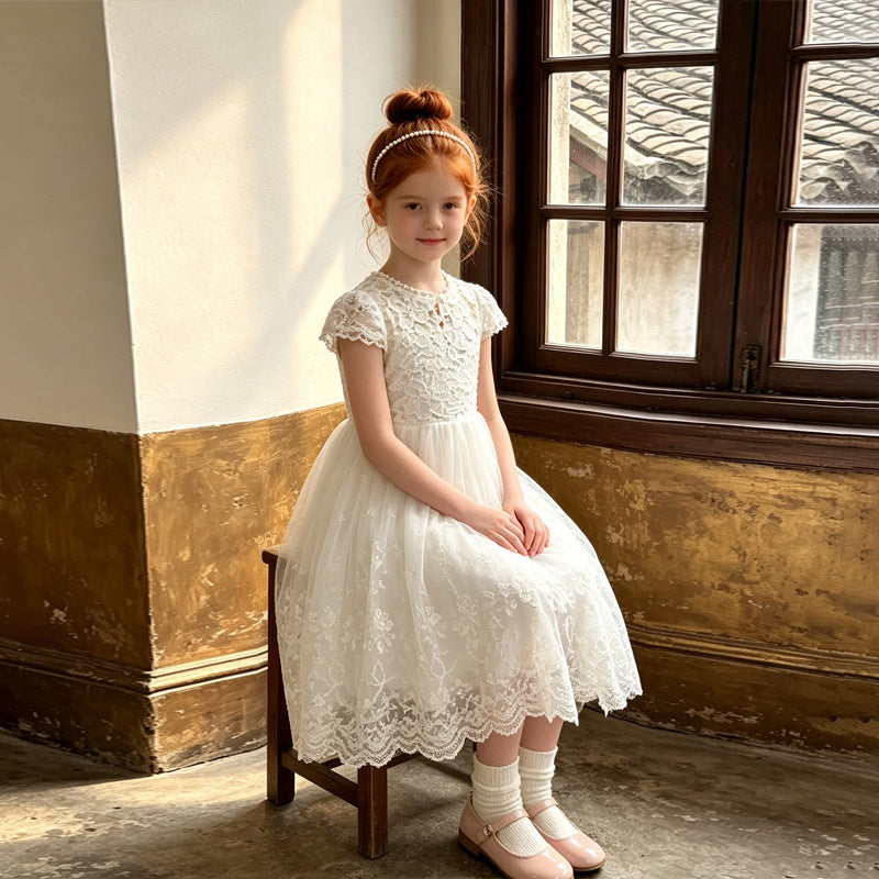 export girls' dress - lace trim, short sleeve, white, vacation style, tulle skirt, summer children's dress - in stock