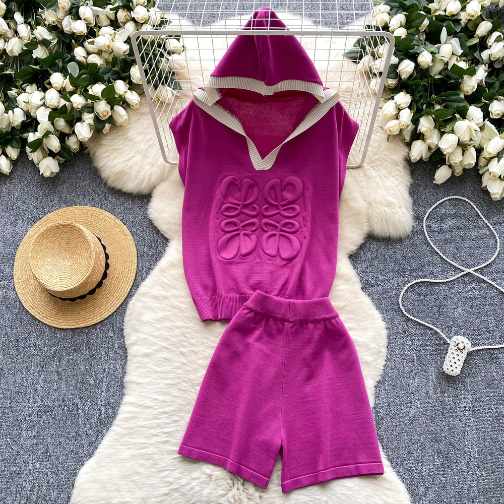 European style fashion set for women - summer design with 3d embossed hooded sleeveless knit top and high-waisted wide-leg shorts