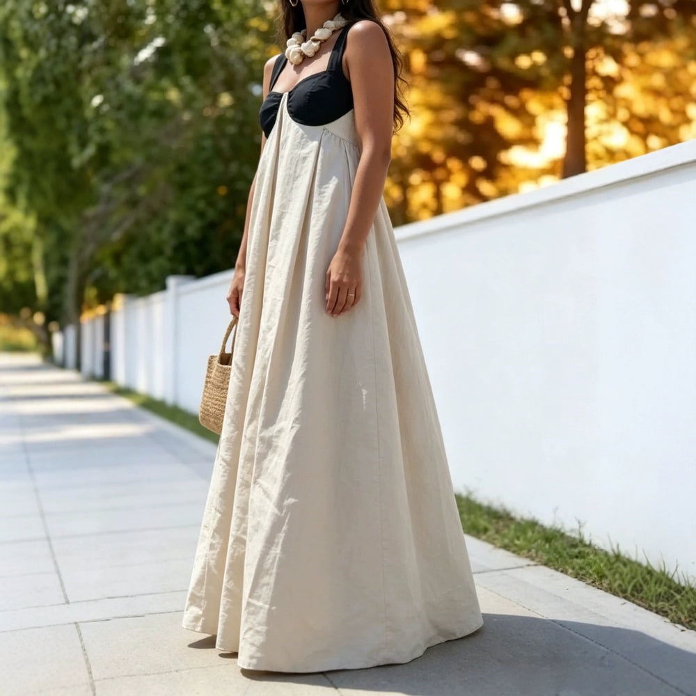 spring european and american cross-border casual and lazy style trendy wide shoulder strap contrast color tube top suspender large swing long skirt