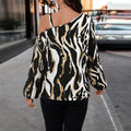 Exportfashion street style satinshirt asymmetrical off-shoulder metal square buckle suspender ink abstract printing long sleeves