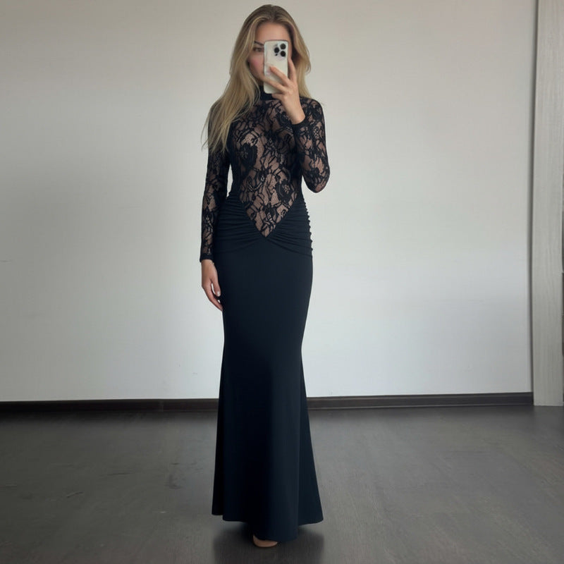 fashion style  spring new arrivalfashionlong sleevescut out breathable lacepatchworksilm hip-hugging dress