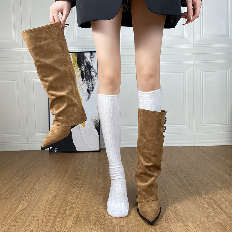 Petites heightened knight boots women's boots winter wedge suede pointed toe long boots khaki color pile boots