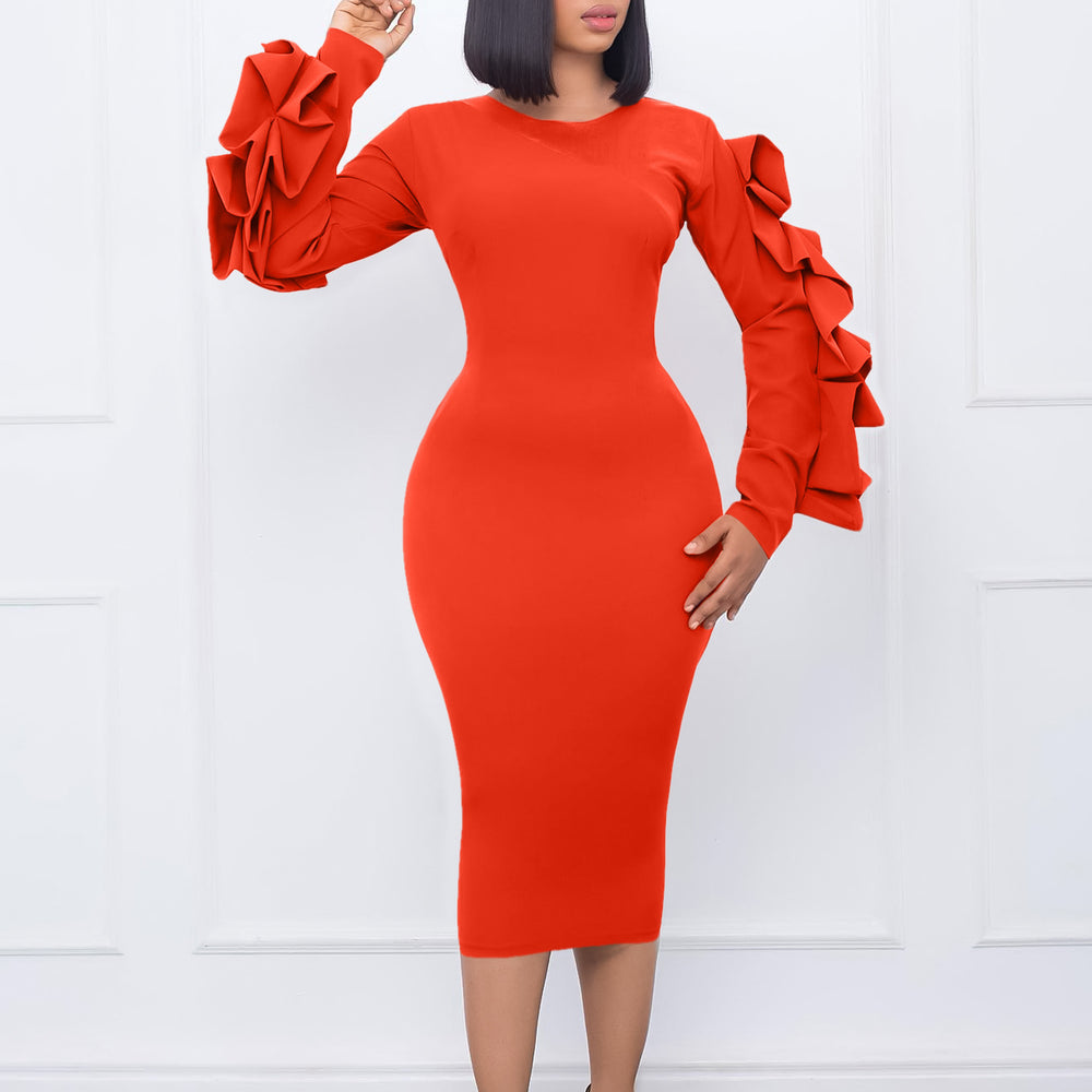 Q085 cross-border women's clothing european and american clothing  new round neck fungus edge hip-covering large size eleganceexportdress