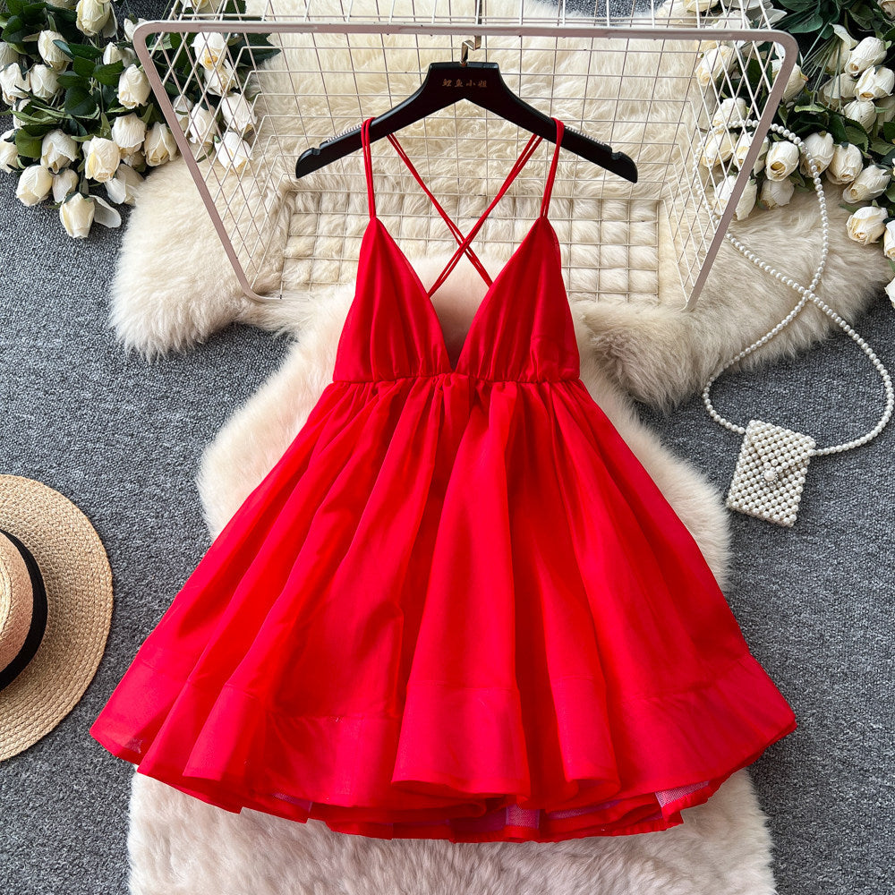 Dopamine dress: yellow cami dress for women, summer korean style v-neck backless tie-up a-line dress, slimming vacation style