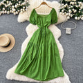 French chic embroidered cutout square neck puff sleeve dress - women's slimming, figure-flattering, elegant vacation maxi dress