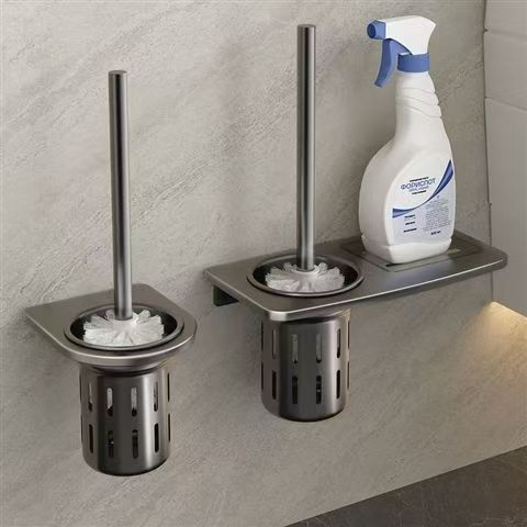 Toilet Shelf Grey Long Handle Toilet Brush Placer No Punching Wall Mounted Toilet Brush Toilet Cup
