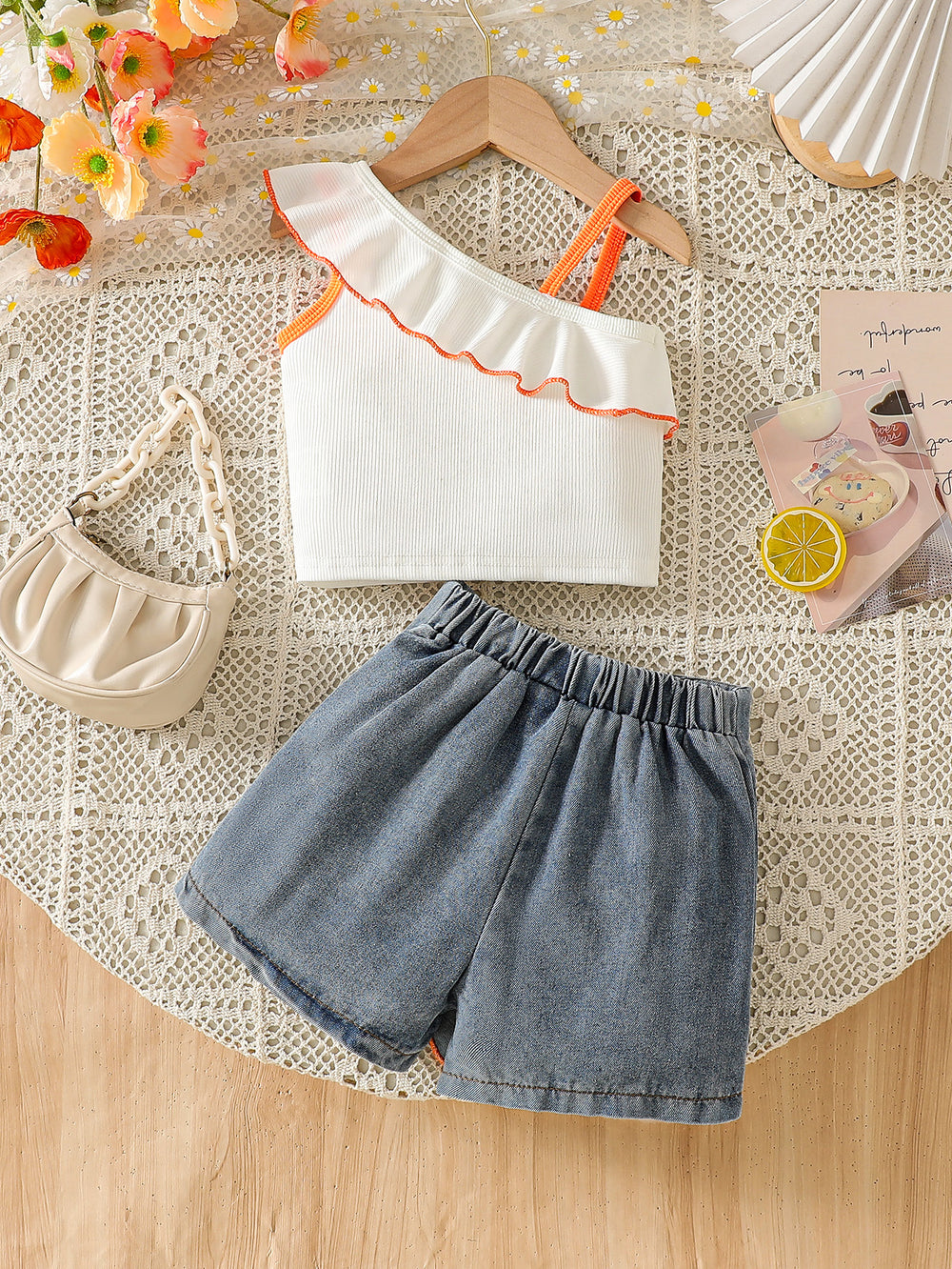cross-border girls' fashion ruffle one-shoulder cami top + irregular embroidered floral denim jeans two-piece set