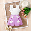Girls' two-piece set: ruffle-trimmed top + shorts with 3d floral appliqué