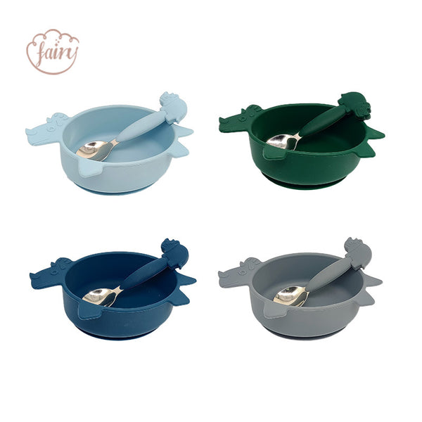 Wholesale food grade silicone suction cup complementary food bowl spoon set Triceratops bowl stainless steel spoon silicone bowl tableware set
