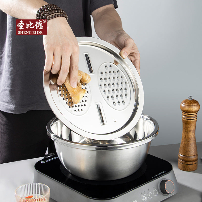 Stainless steel basin, vegetable washing basin, drain basket with planed wire cover, soup basin and noodles, egg washing, rice sieve set, kitchen household