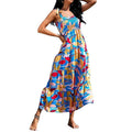 european and american cross-border bohemian style vacation backless printed women's summer french ruched slimming dress