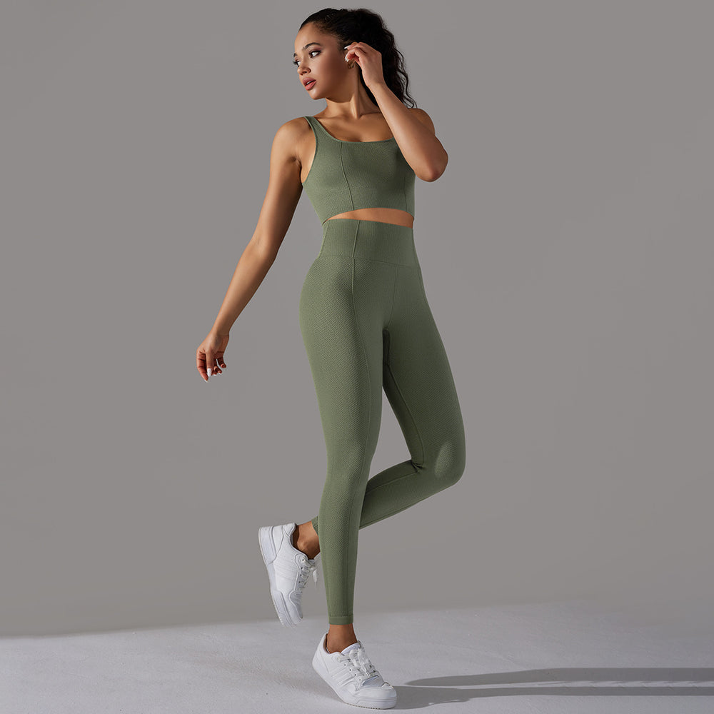 fashion seamless knittingpure color polka dot high elastic tight breathable yoga suit running fitness two-piece set