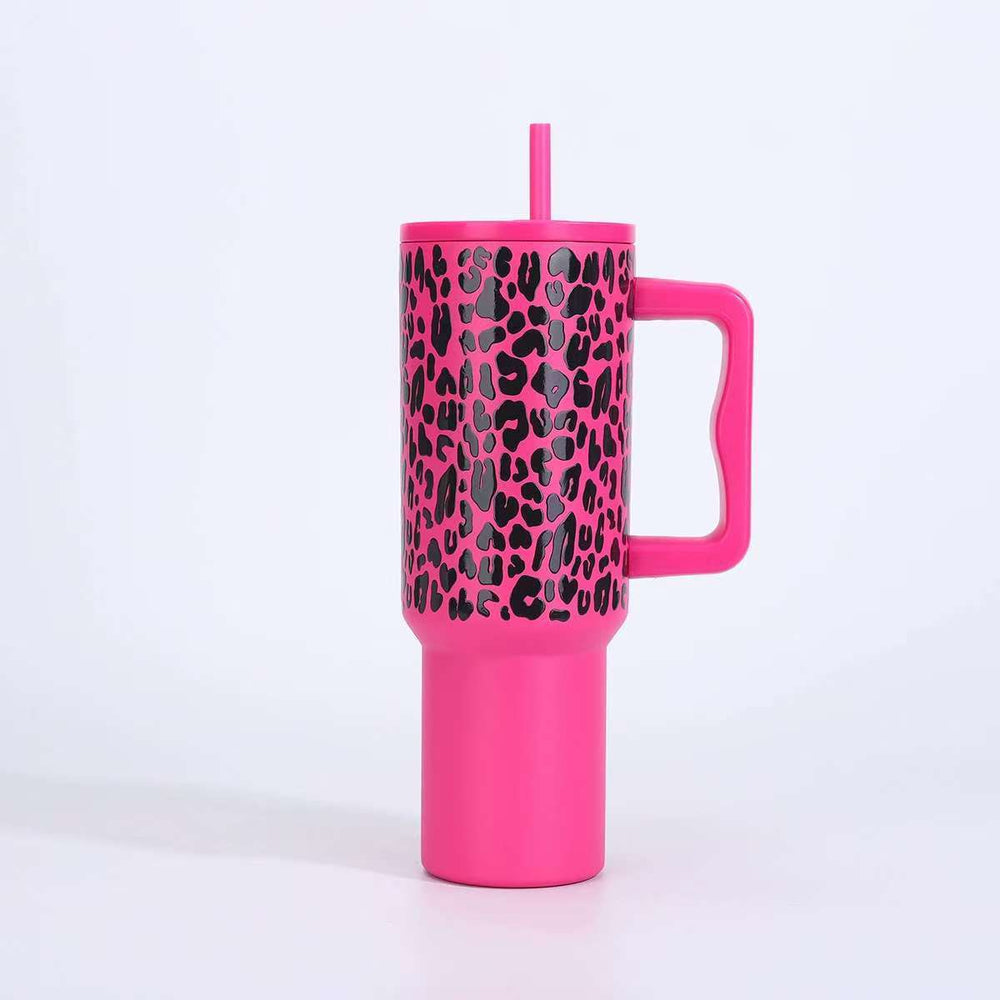 leopard print 40oz stainless steel thermos cup large capacity with handle vacuum straw cup outdoor car cup