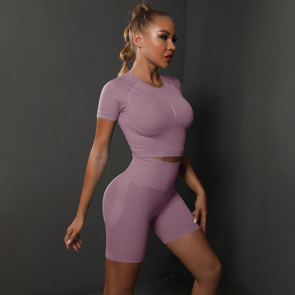 Spring/summer new seamless knitted yoga set for women - peach lift butt shaping tight shorts - running & fitness workout outfit