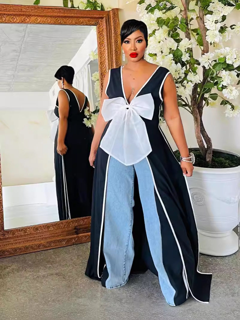 Sexy women's v-neck maxi dress with large bow and high slit - hot-selling women's apparel on  cross-border e-commerce