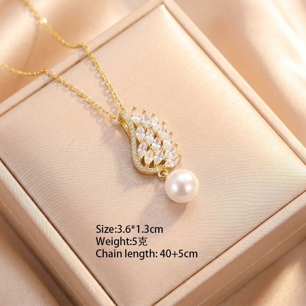European and american hot-selling fashion zircon pearl necklace for women, lightweight luxury, niche, versatile, elegant, fashionable titanium steel clavicle chain jewelry