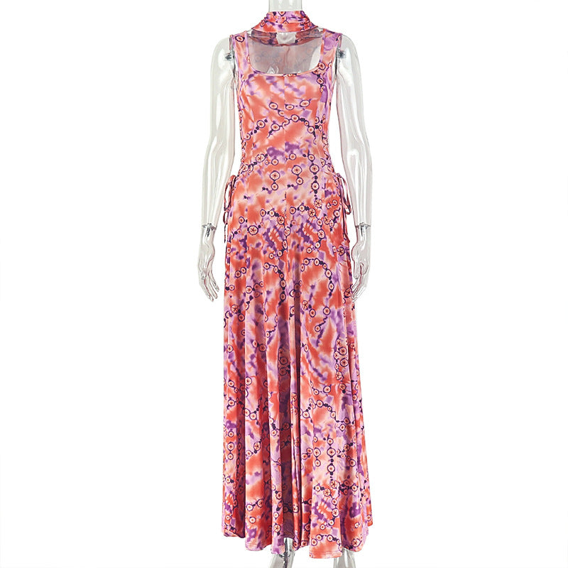 European and american style ins cross-border new women's clothing printing high waist a-line skirt suspender thin waist color matching long dress trendy