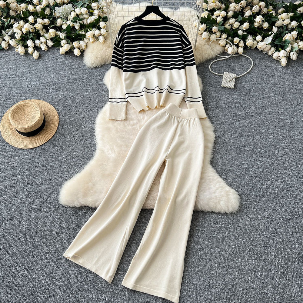 Plus-size slimming two-piece set: age-defying, versatile crew neck color block striped knit top with high-waisted wide-leg pants