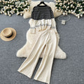 Plus-size slimming two-piece set: age-defying, versatile crew neck color block striped knit top with high-waisted wide-leg pants