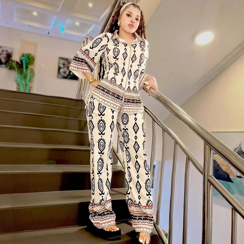 European and American large-size women's clothing long-sleeved lapel positioning printed cardigan shirt wide-leg trousers African new two-piece set women