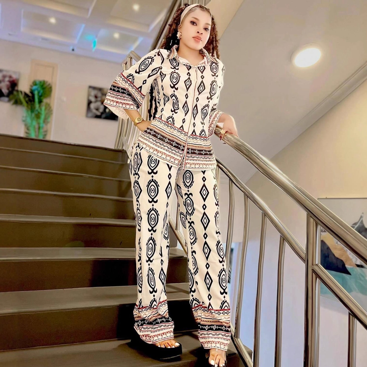 European and American large-size women's clothing long-sleeved lapel positioning printed cardigan shirt wide-leg trousers African new two-piece set women