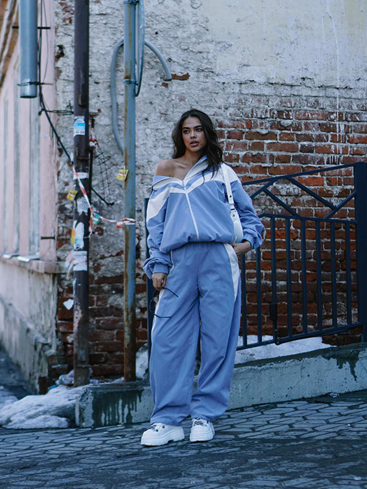 European and American loose casual women's clothing fashion contrasting colors long-sleeved sports cardigan trousers two-piece set women's trousers set women