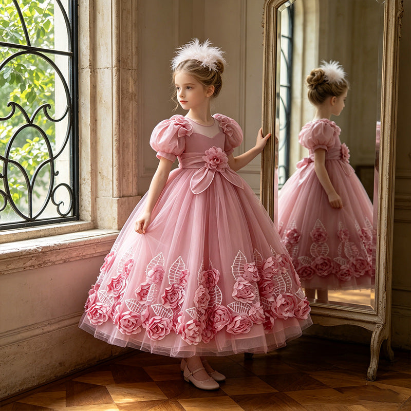 Girls' formal dress - long, puff sleeve, flower girl wedding dress, tulle, piano recital performance dress - in stock & wholesale
