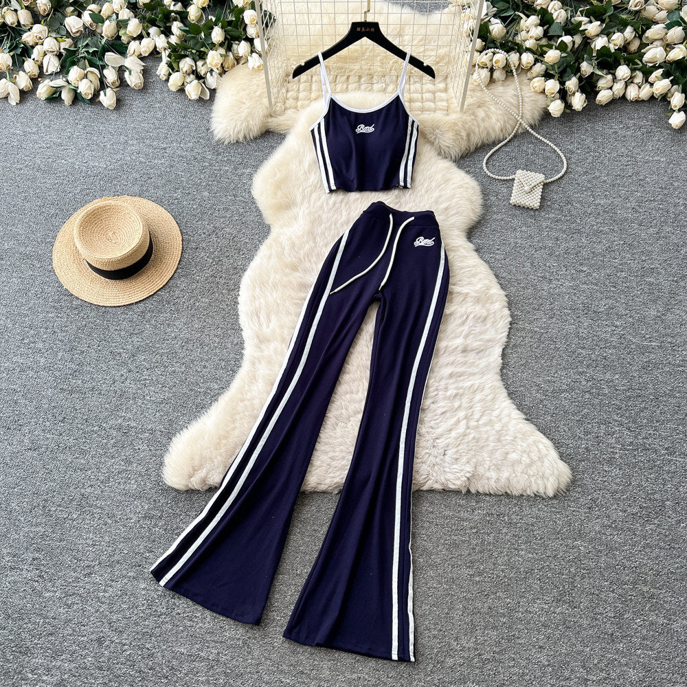 Spicy girl style red camisole two-piece set: double-stripe high-waisted flare pants - trendy summer outfit for women