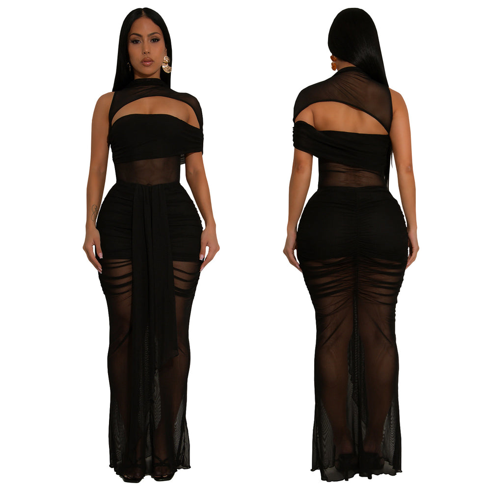 C7492 cross-border   fashion women's sexy see-through mesh sleeveless evening dress