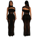 C7492 cross-border   fashion women's sexy see-through mesh sleeveless evening dress