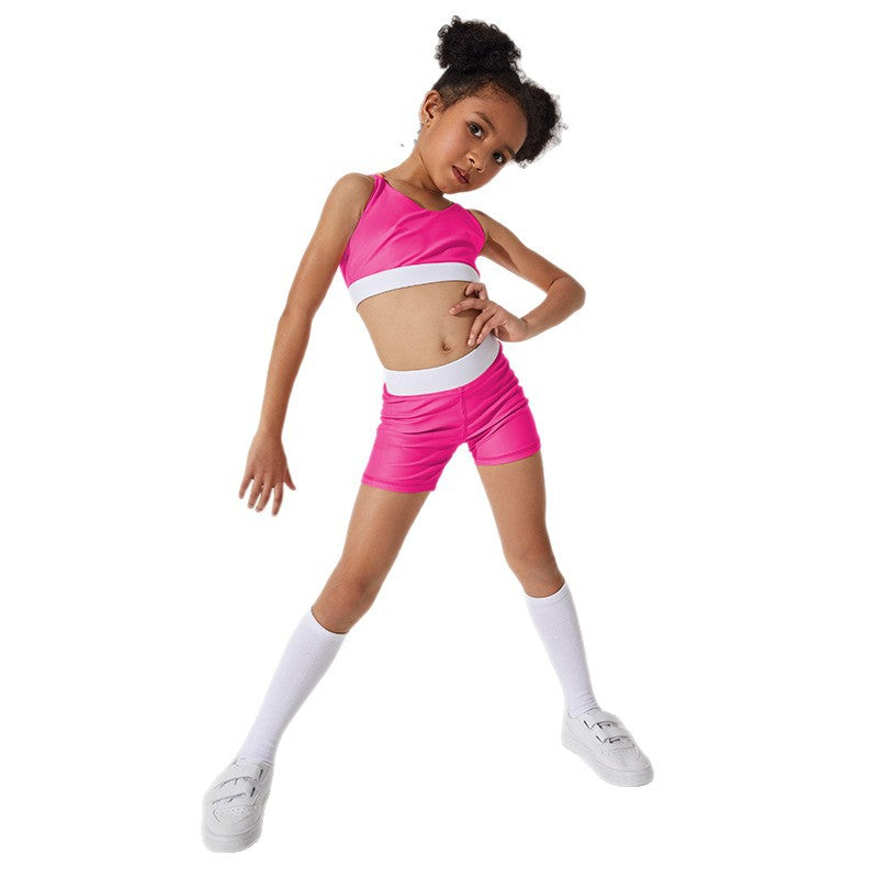 spring/summer new kids' yoga outfit - training, activewear, color block, high-waisted, criss-cross, fitness crop top for girls