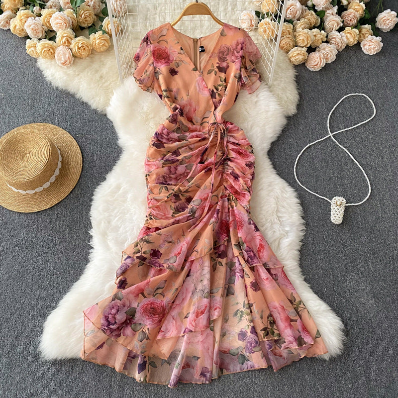 High and cold royal sister goddess style dress scheming pleated straps waist asymmetrical floral chiffon mermaid dress dress