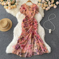 High and cold royal sister goddess style dress scheming pleated straps waist asymmetrical floral chiffon mermaid dress dress