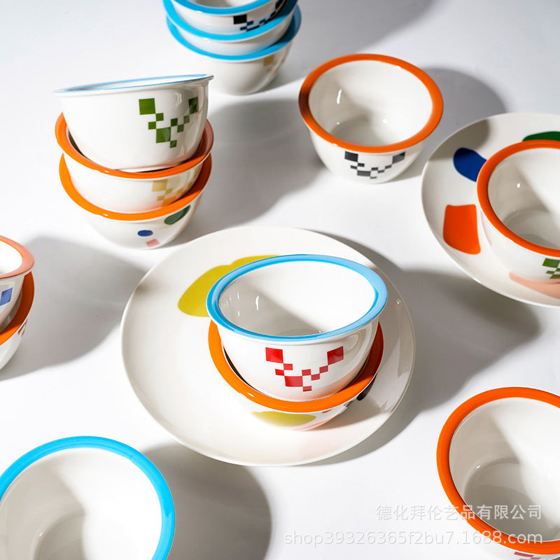 Ins scandinaviancasual style grids geometric fragments creative design color block paint bowl stylish color ceramic bowl