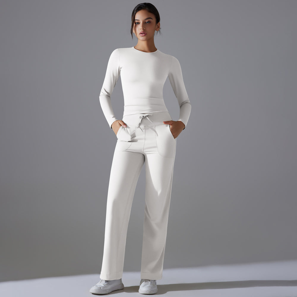 double-sided nylon pure colorlonglong sleeves yoga suit suithigh waist wide leg sports running fitness two-piece set