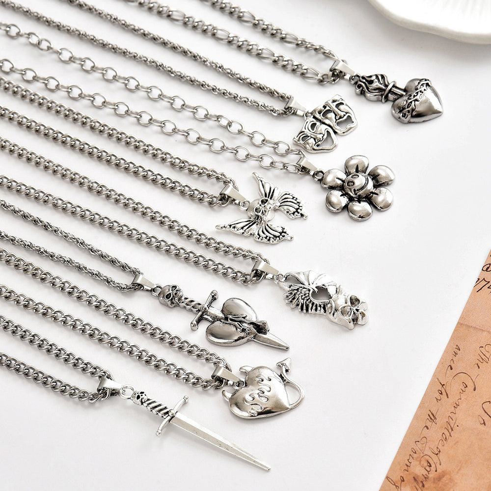 Wholesale retro punk cross necklace - european & american cross-border dark aesthetic skull heart pendant - halloween accessories for women