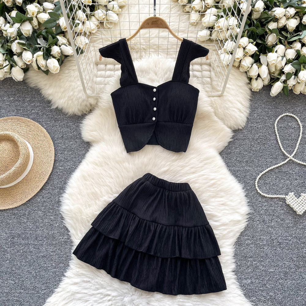 Summer outfit set for petite women: gentle style square neck cami top with flutter sleeves and ruffle mini skirt