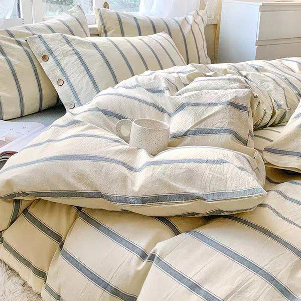 Class A Japanese-style yarn-dyed washed cotton bed four-piece set cotton pure cotton 100-stripe quilt cover bed sheet three-piece bed hat